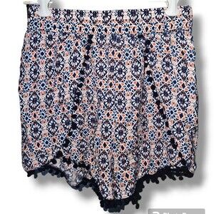 H&M Divided Mosaic Tile White Orange Blue Pom Pom Trim Flowy Boho Shorts - 2